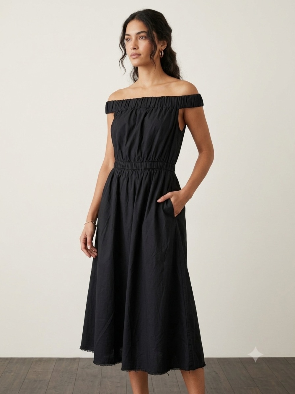 Maeve Anthropologie Black Cotton Off Shoulder Fit & Flare A-Line Dress M Raw Hem